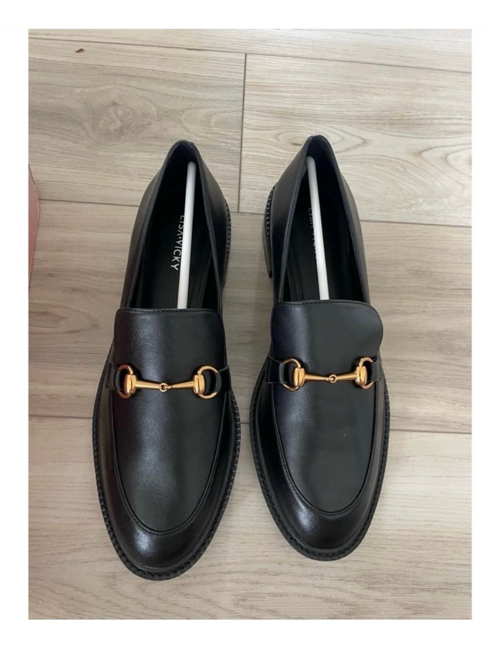 New Lisa Vicky Black and Gold Leather Loafers with Horsebit Detail ~ Size 10